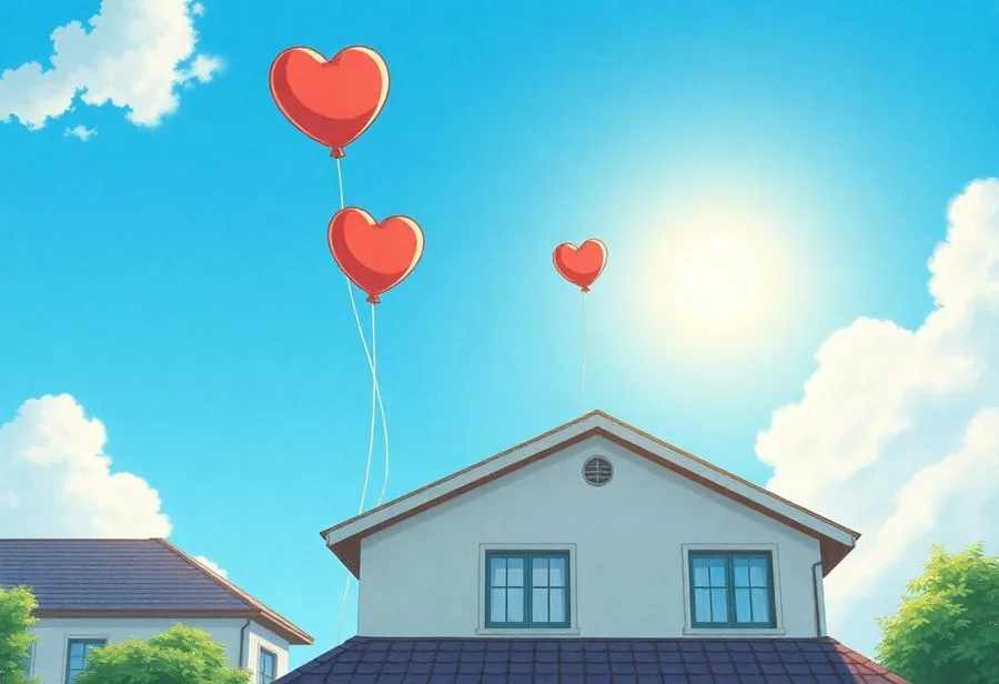 Illustration d'une maison avec des ballons cœurs